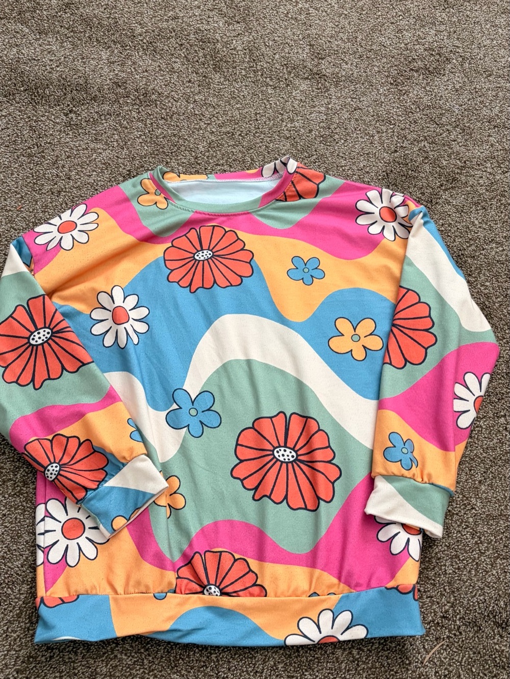 Vibrant Floral Wave Crewneck - Pink, Blue, Orange, Green, Cream
